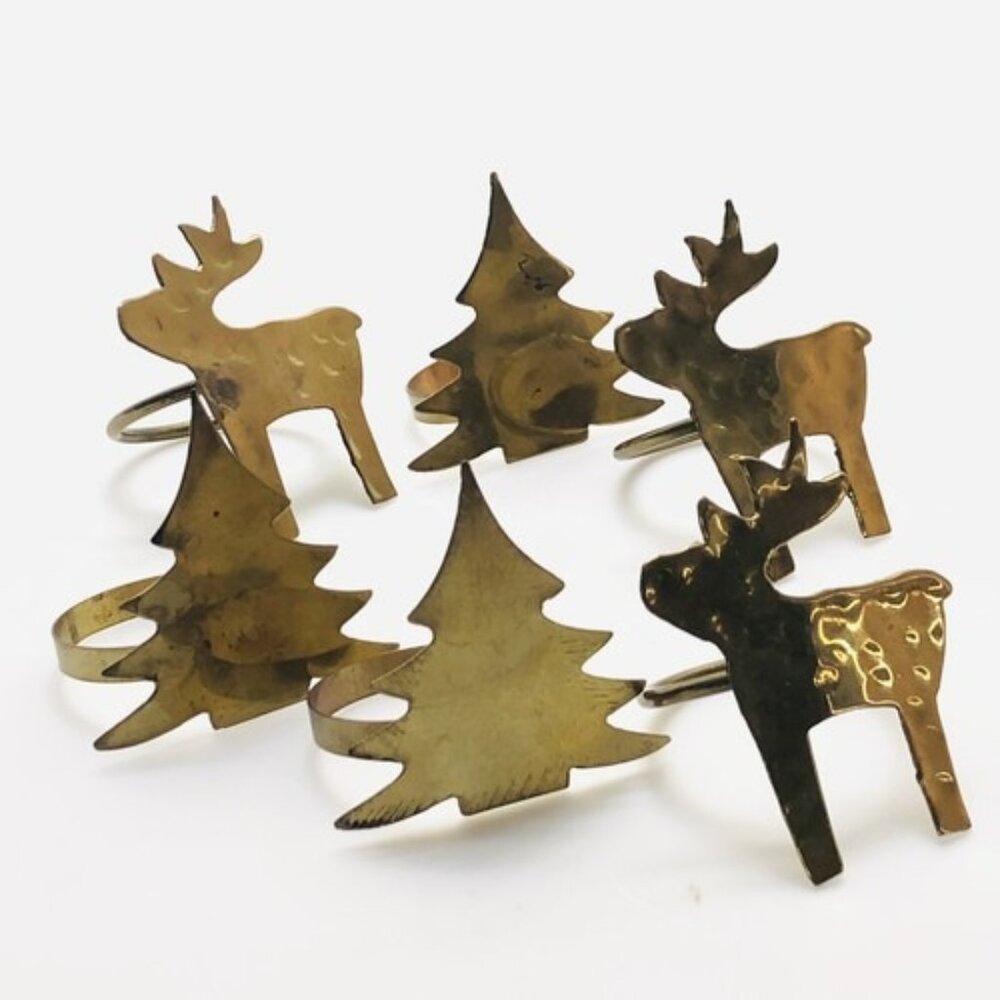 Vintage Napkin Ring Holders Brass Gold Tone Metal Rustic Tree Moose Set Of 6